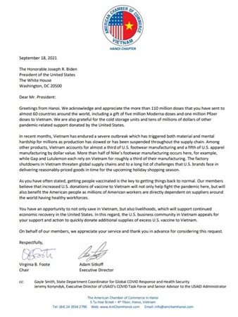 Hiệp hội Thương mại Hoa Kỳ tại Việt Nam (AmCham) gửi thư tới Tổng thống Hoa Kỳ Joe Biden kêu gọi viện trợ thêm vaccine cho Việt Nam